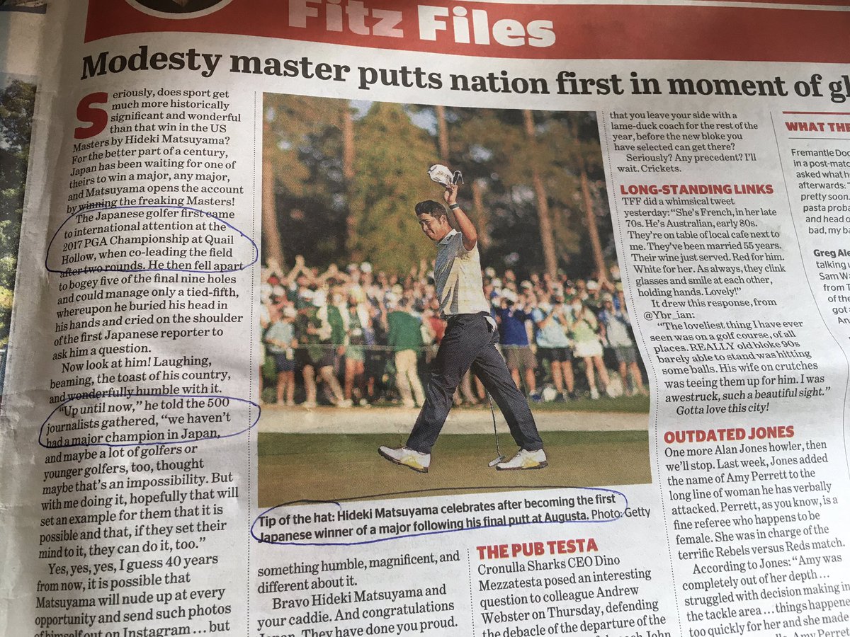 ewanports's tweet photo. So many errors in this @SMHsport article today.  Twice mentioning Hideki is the first Japanese major winner (male yes) and first coming to international attention at 2017 PGA - he won 2 WGC’s, 5 @pgatour events and played 2 President’s Cups prior to that PGA. 🤦‍♂️🤦‍♂️ https://t.co/YZdvXly0HO