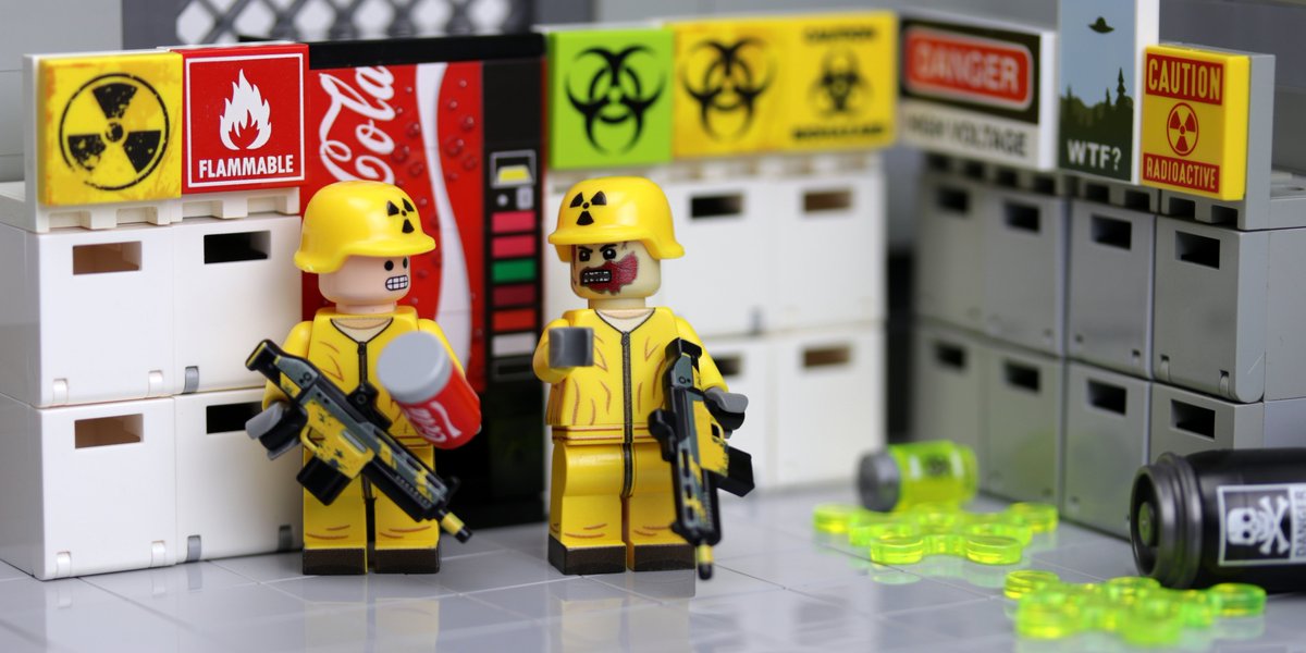 BrickPolice's tweet photo. Soda? I never touch the stuff, it's super toxic. Veteran lab guard Smith offers important advice to rookie guard Johnson. #lego #legolab #laboratoryhumor https://t.co/zjnosMMvFM