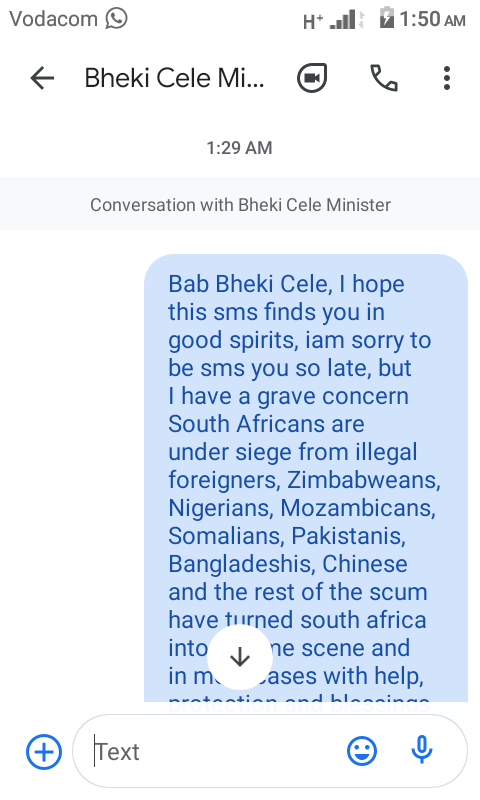 zibuseman's tweet photo. Dear SA Compatriots this morning I sms @myanc NEC member & minister of @SAPoliceService #bhekicele asking him & police do their job in protecting and serving our country, I hope he will pass the message to his bosses @ #loothulihouse that #weRgatvol of criminality by foreigners https://t.co/GdHb7cfxP0
