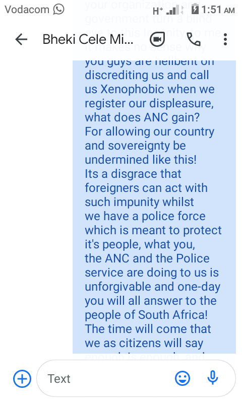 zibuseman's tweet photo. Dear SA Compatriots this morning I sms @myanc NEC member & minister of @SAPoliceService #bhekicele asking him & police do their job in protecting and serving our country, I hope he will pass the message to his bosses @ #loothulihouse that #weRgatvol of criminality by foreigners https://t.co/GdHb7cfxP0