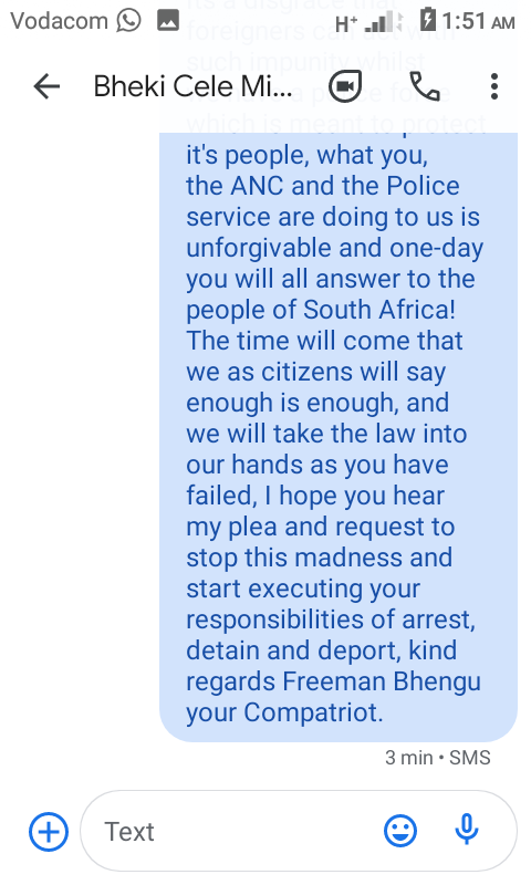 zibuseman's tweet photo. Dear SA Compatriots this morning I sms @myanc NEC member & minister of @SAPoliceService #bhekicele asking him & police do their job in protecting and serving our country, I hope he will pass the message to his bosses @ #loothulihouse that #weRgatvol of criminality by foreigners https://t.co/GdHb7cfxP0