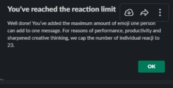 russuvius's tweet photo. @SlackHQ in the age of WFH and social distancing limiting the "reacji" count is stifling comradery. https://t.co/NOBMGtExmG