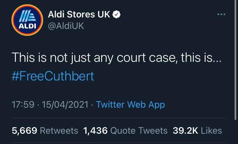mbarrow1's tweet photo. Hats off to @AldiUK and their social media team....

#FreeCuthbert https://t.co/MBLhDbe3Hs