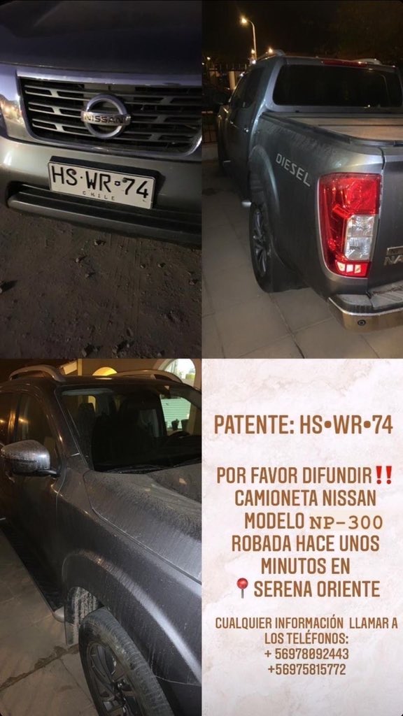 Cjmundaca's tweet photo. #Atencion #LaSerena #Coquimbo Camioneta Nissan NP-300 
PPU HS-WR-74 Robada en Sector Serena Oriente #Compartir https://t.co/eFmaATjW2b