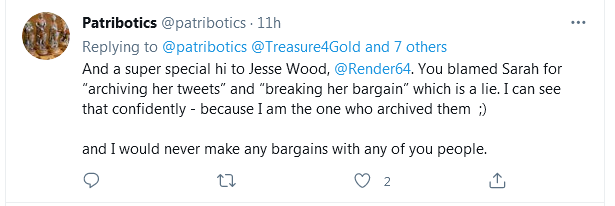 No, Louise...That's still not my name.I have been exceedingly careful to not say (or blame) Sarah for anything and I'm quite convinced that Sarah is keeping to her end of our bargain as well.Which leaves you twisting in the wind...