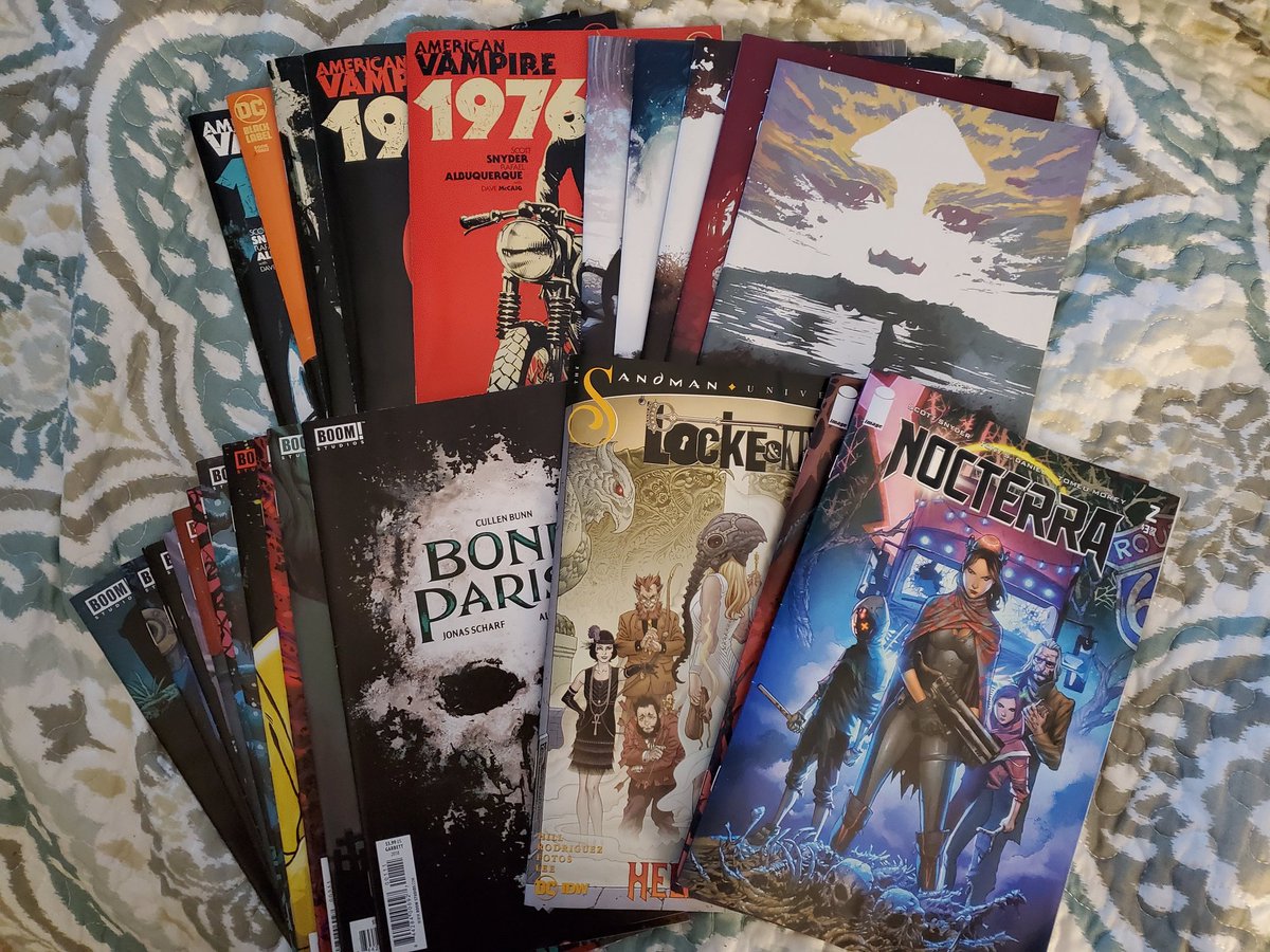 andreajcormier's tweet photo. Comic binge today @ my local shop! Started Nocterra first and it's amazing! @Ssnyder1835 @cullenbunn @joe_hill @GR_comics @rafaalbuquerque @scharf_jonas @TonyDanielx2 @towersmarked #americanvampire1976 #lockeandkey #nocterra #coldspots #boneparish https://t.co/xdjUECBCgG