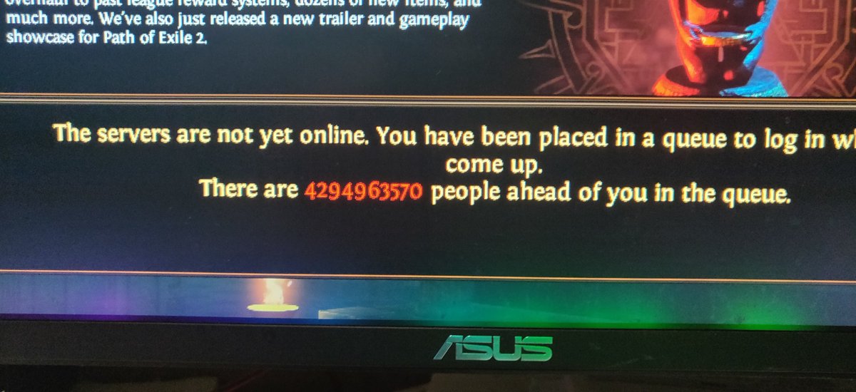 Skrillexiscool's tweet photo. @pathofexile I didn't know this many people even played PoE. I guess that explains the crashes every 35 seconds and constant rollbacks. https://t.co/NjKt2Xsh6X