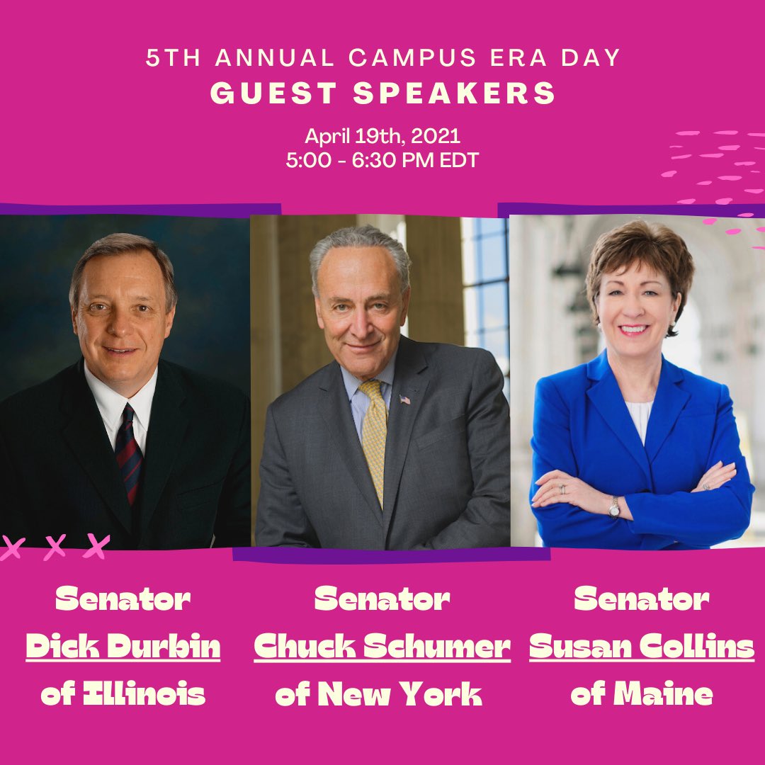 campuseraday's tweet image. Come join us and our guest speakers @DickDurbin @SenSchumer @SenatorCollins on April 19th for Campus ERA Day! #CampusERADay

REGISTRATION LINK IN BIO 🙌

See you then! 💪