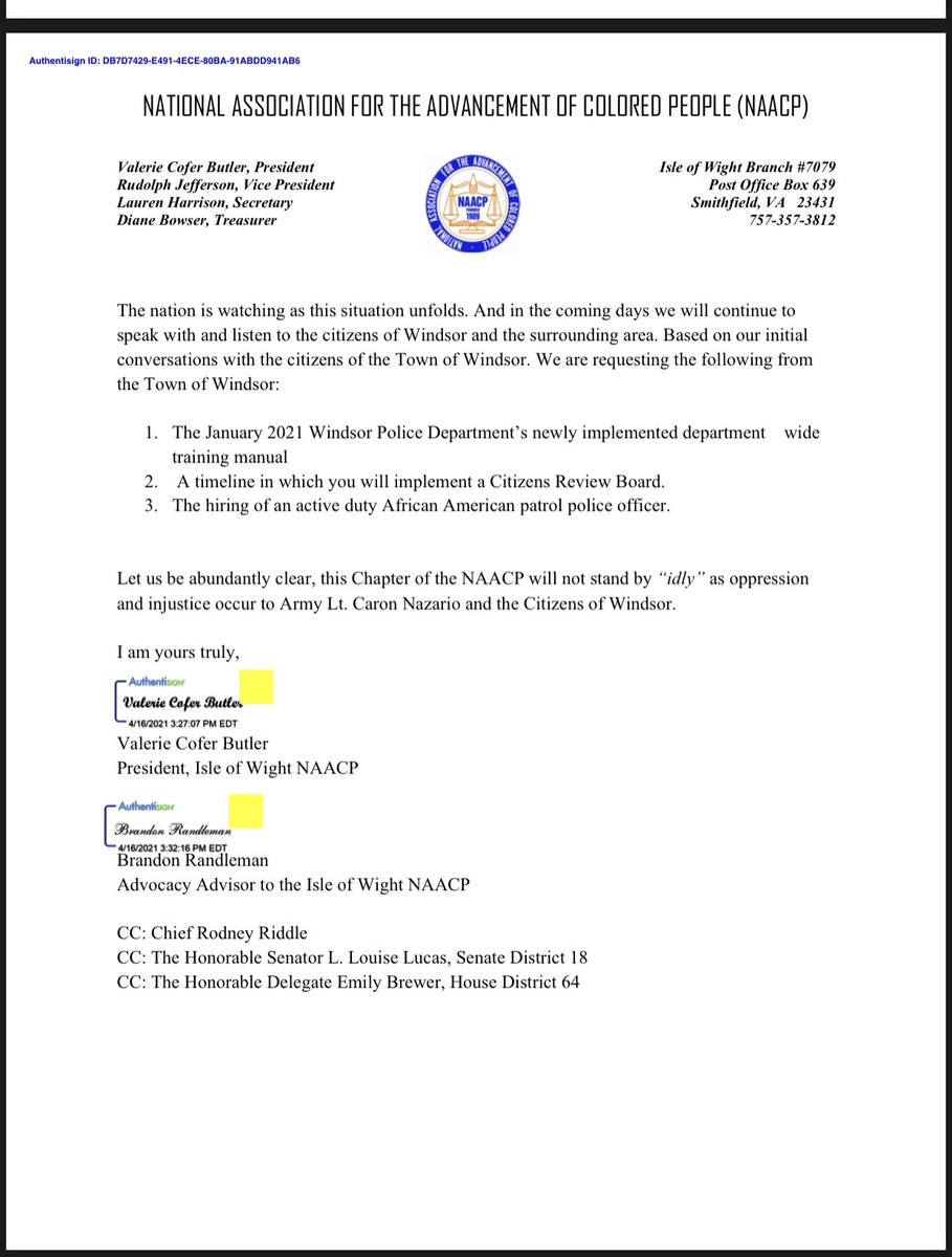 Please see the attached letter to local and state officials outlining the IOW NAACP reasons demanding the resignation of Chief Rodney Riddle and Officer Daniel Crocker as well as the community’s first set of requests to the Town of Windsor’s officials. <a href="/nedoliver/">Ned Oliver</a> <a href="/ACLUVA/">ACLU of Virginia</a>