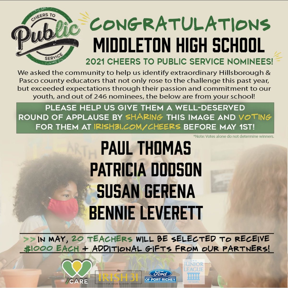 Congratulations! 4 of our amazing teachers are 2021 Cheers to Public Service Nominees! Vote for them at irish31.com/cheers. <a href="/MiddletonSTEM/">MiddletonHighSchool</a> <a href="/mick_boddie/">BGB</a> <a href="/MHSFootballFL/">MiddletonFootball</a> <a href="/TigersMarching/">MHS Marching Tigers</a> <a href="/MHS_SGA/">Middleton SGA</a>