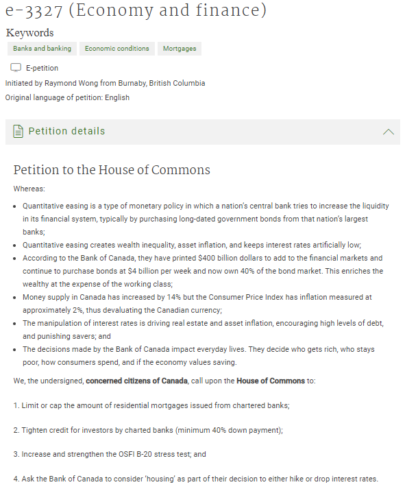 e-3327 (Economy and finance)
Official e-petition on Quantitative Easing (QE). How it may effect you?
1) Asset inflation - skyrocketing home prices;
2) Wealth inequality;
3) Devalue fiat currency;
4) Punishes savers
#vanre #bcpoli #onpoli #cdnpoli petitions.ourcommons.ca/en/Petition/De…
Pls RT!