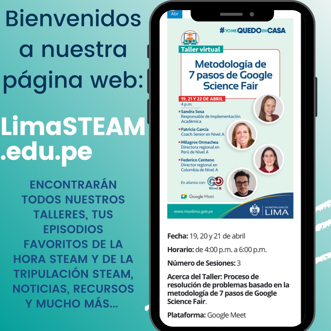 hugorojas_edu's tweet image. 🚀 #LimaSTEAM 📲 limasteam.edu.pe/taller-metodol… Estimados profesores y profesoras, esperamos su inscripción en este taller gratuito sobre #GoogleScienceFair gracias a @nivela_edu 😉👍🏼