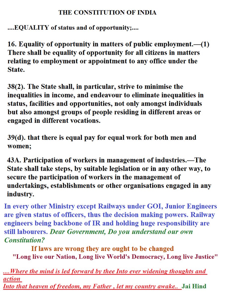 arevindependent's tweet photo. @DrmMys @drmubl @MysuruMithra @SRDCM_MYS @rpfswrmys @RailMinIndia @ire_association
Respected Sir,Take a moment &amp; observe if it's true that Railways is committed 2 upholding ideals of Dr.Ambedkar? Bcoz,JEs &amp; SSEs form backbone of almost all activities &amp; yet denied equality with JEs in other ministries?90+% SSEs retire @ same post🇮🇳 https://t.co/H63iVrLrXR