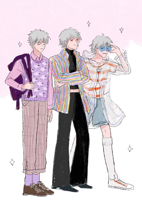 the day when Rei and Shinji invite Kaworu brothers to spring outing. (Seele, please take responsibility of Kaworu's fashion sense.) #kawotrio 