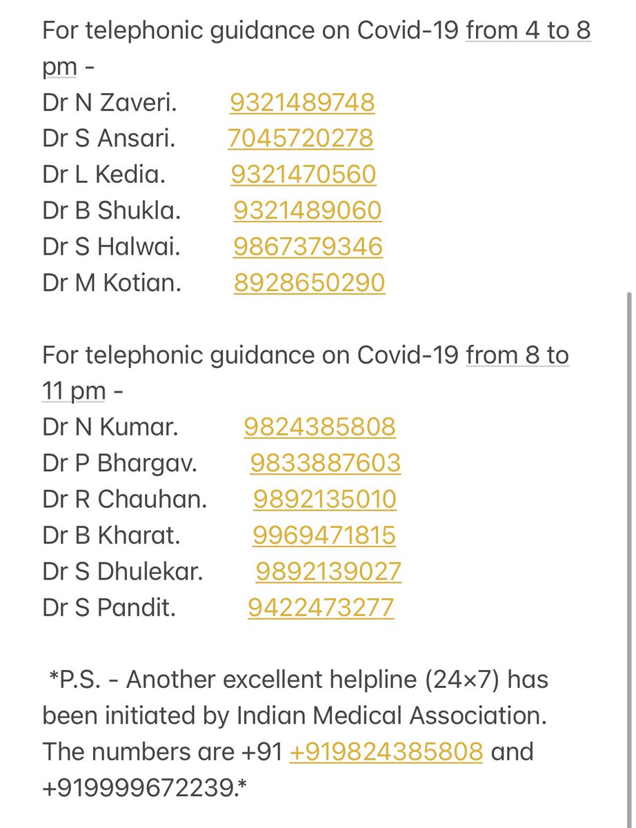 In this pandemic when information dissemination is sometimes opaque, I was grateful to receive this list of senior doctors who have volunteered to counsel/treat/ aid anyone who might need their help.