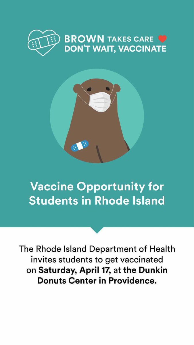 browngsc's tweet photo. The RIDH is inviting RI students to get a COVID19 vaccine at the Dunkin Donuts Center in Providence on Saturday, April 17.
Clinic hours 9a-7p.
Register for the clinic by calling 211 and asking about the “Equity-Focused Vaccination Clinics.”
No cost, no insurance is needed. https://t.co/HV9bIxaTNS