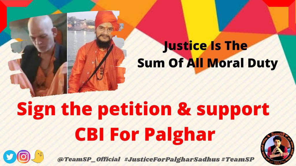 cagankit's tweet photo. "JUSTICE IS THE SUM OF ALL MORAL DUTY"
@TeamSP_Official DEMANDS A FREE & FAIR CBI PROBE into the brutal murder of Palghar Sadhus. If you agree with this petition please vote & sign here. https://t.co/PUcawPTXBM
#cbi4palghar #TeamSP #JusticeForPalgharSadhus #DontForgetTheirNames https://t.co/x9jCwqyFv5