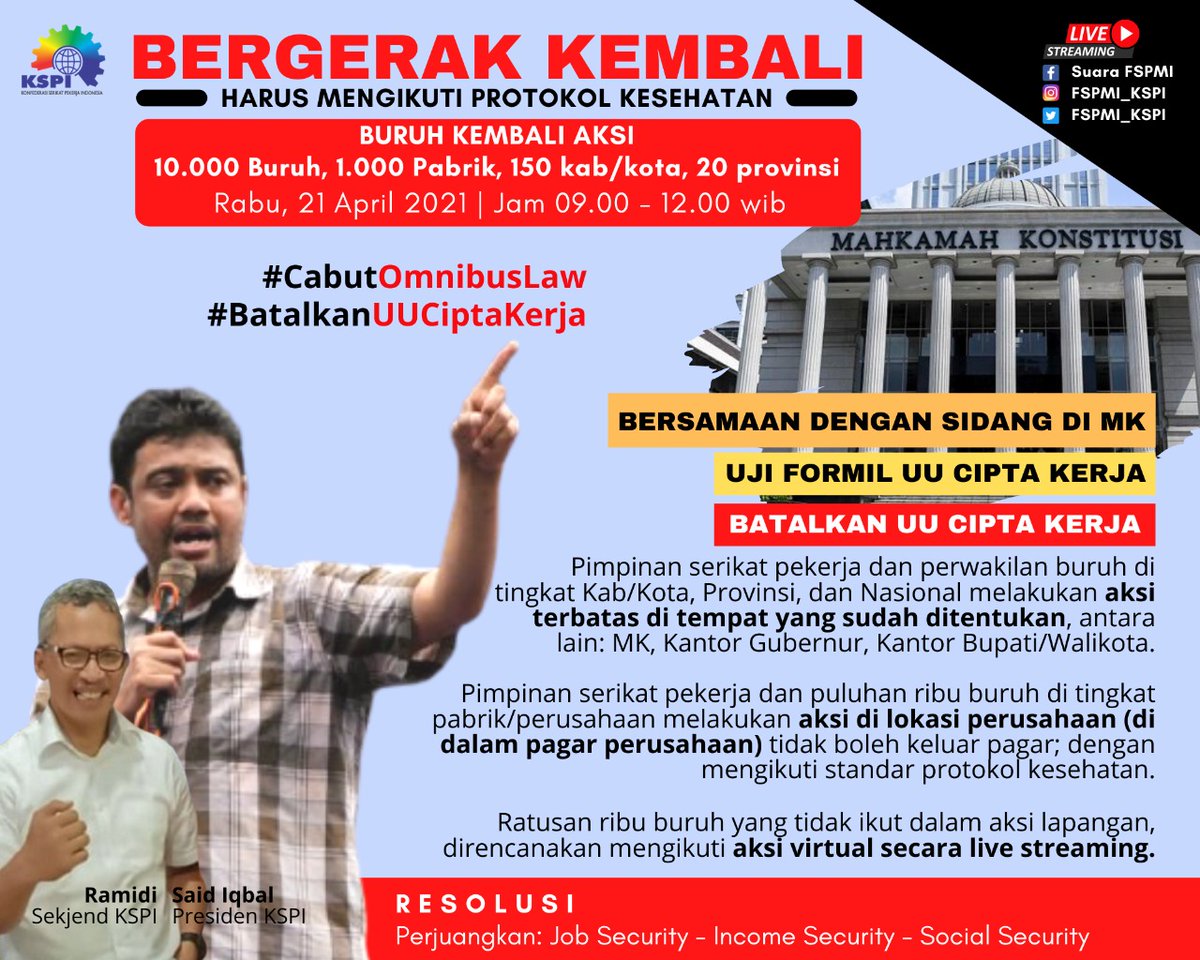 FSPMI_KSPI's tweet photo. Tanggal 21 April 2021, Mahkamah Konstitusi akan menggelar sidang pendahuluan terkait dengan judicil review (uji formil) yang kita ajukan. Terkait dengan hal tersebut, KSPI akan menggelar aksi serentak di 10.000 pabrik, 150 kab/kota, dan 20 provinsi. @officialMKRI https://t.co/UEZXwmTmsQ