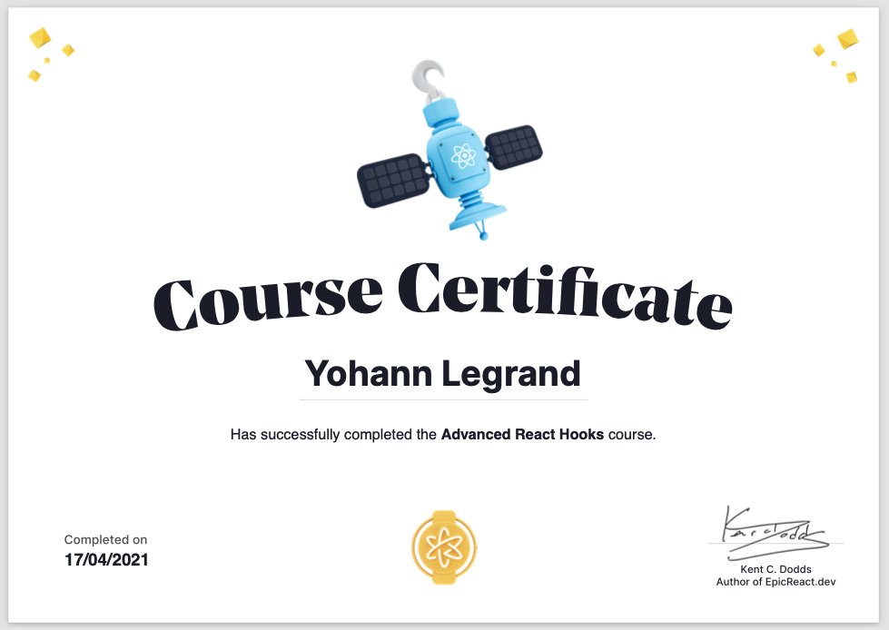 YohannLegrand5's tweet image. Wow, this workshop was amazing! I felt like I really needed to deepen my understanding about some of React hooks, and well, that's done, thanks @kentcdodds 😇
Now I wanna refactor all my previous side projects ahah
#EpicReactDev #ReactHooks