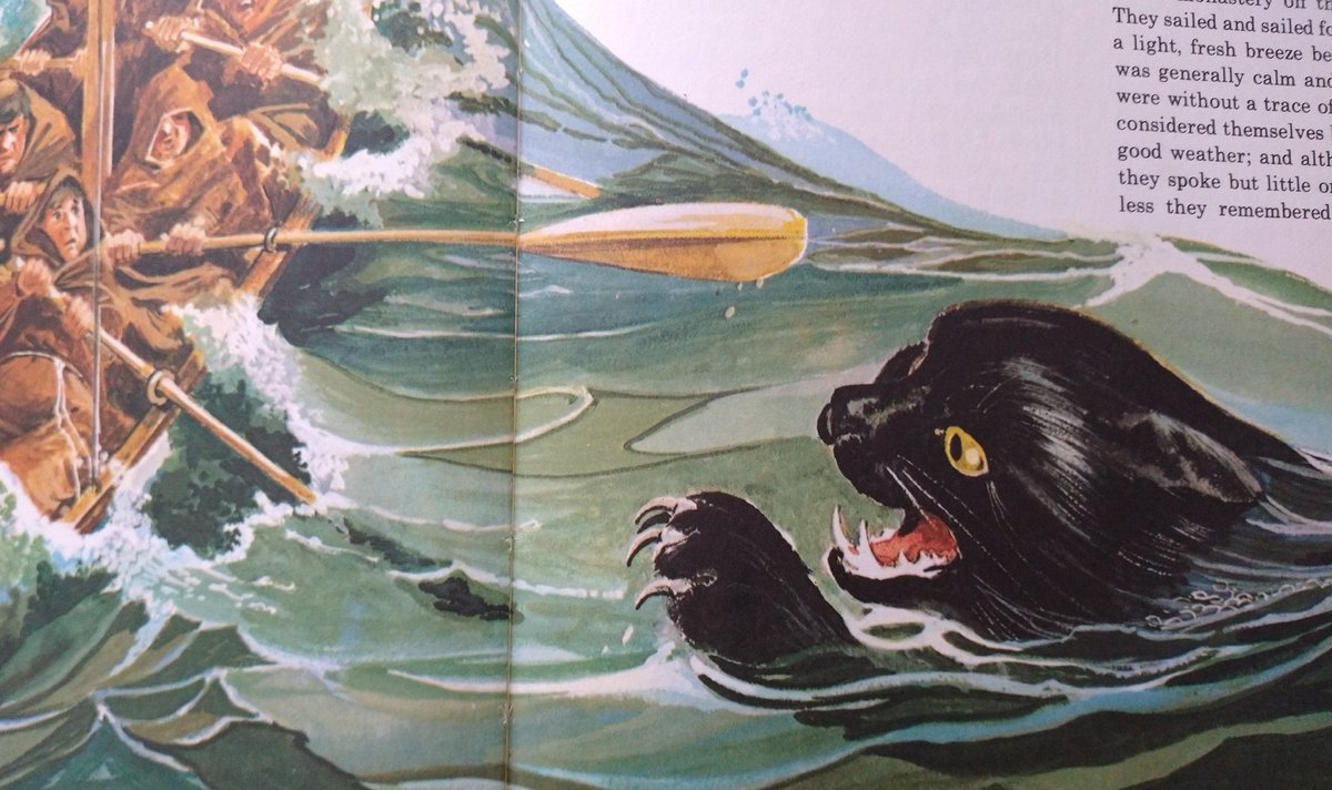  #NationalPetMonth &  #Caturday St Brendan's party is attacked by a giant sea cat west of Ireland. Cat had been the pet kitten of local monks but became big and aggro after eating the local fish (in 1st Vita San Brendani). Illustrated in Lucy Berman's Famous & Fabulous Cats