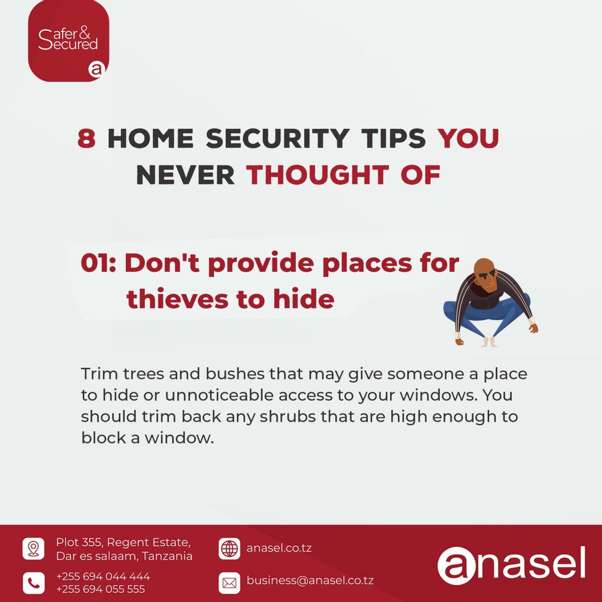 anaselsecurity's tweet image. 8 Home Security Tips for your home brought to you by Anasel Security. #SaferandSecuredAfrica