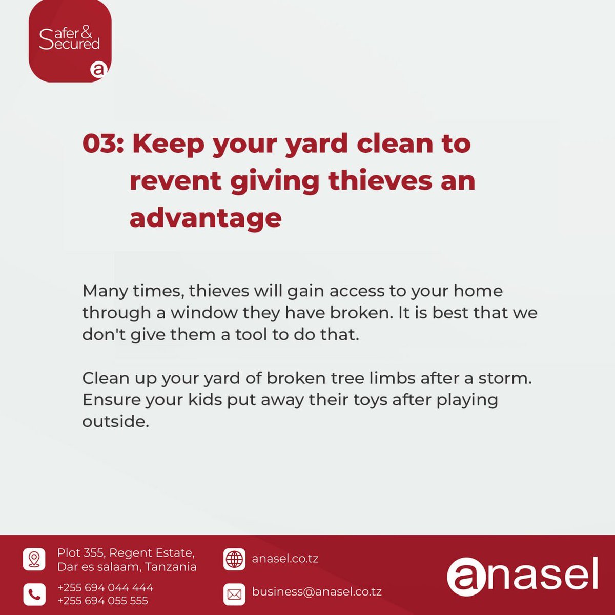 anaselsecurity's tweet image. 8 Home Security Tips for your home brought to you by Anasel Security. #SaferandSecuredAfrica