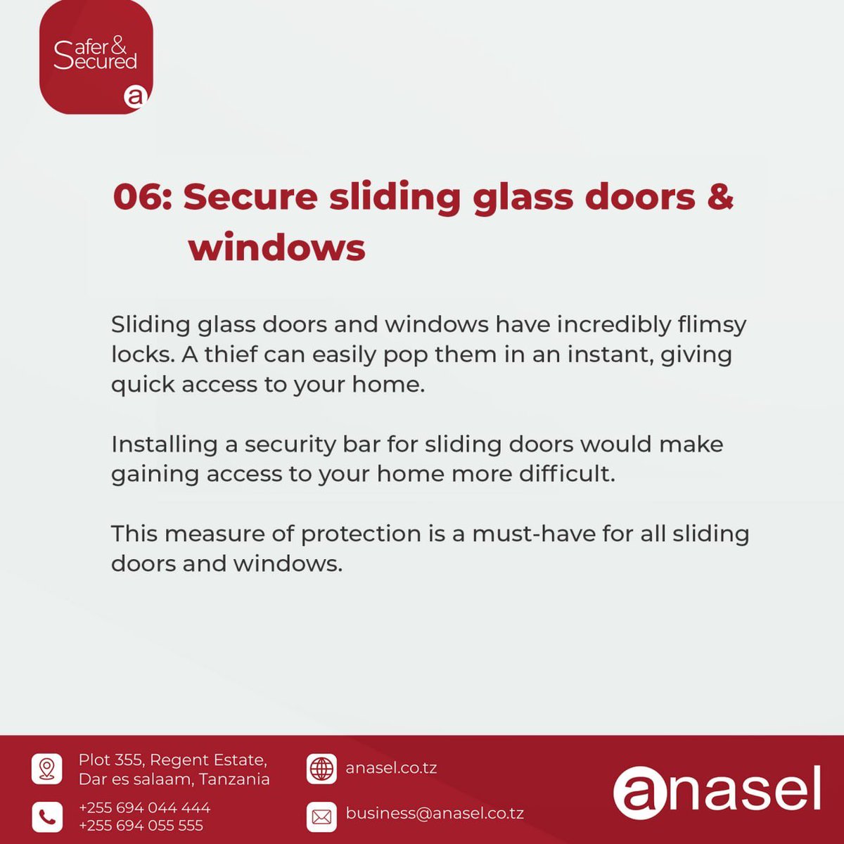 anaselsecurity's tweet image. 8 Home Security Tips for your home brought to you by Anasel Security. #SaferandSecuredAfrica