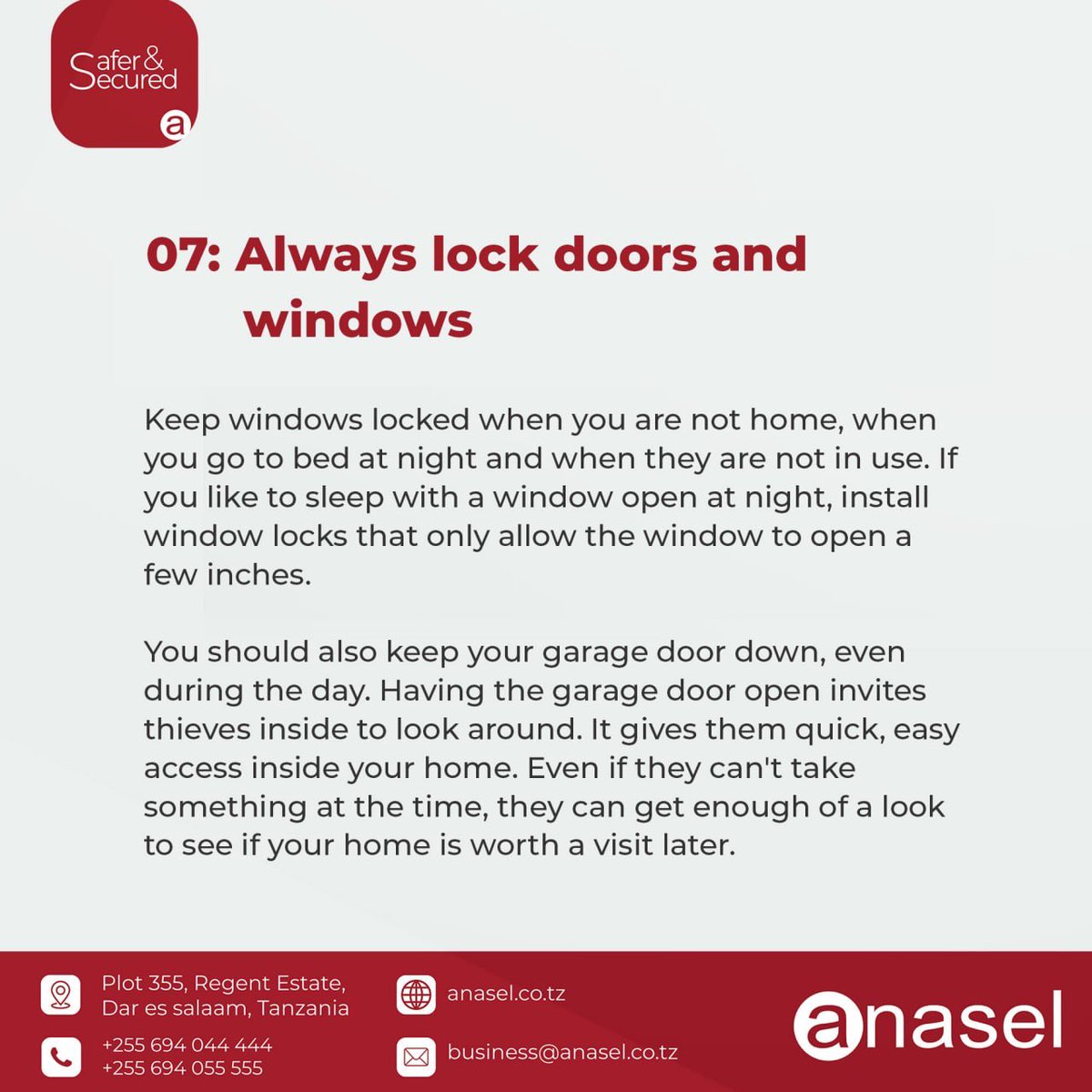 anaselsecurity's tweet image. 8 Home Security Tips for your home brought to you by Anasel Security. #SaferandSecuredAfrica