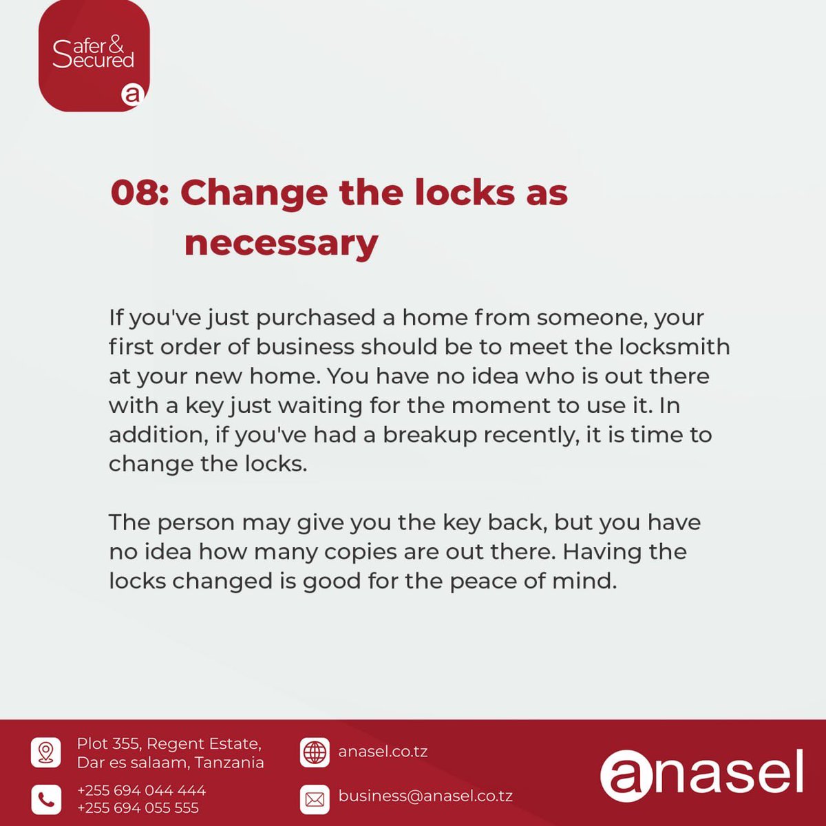 anaselsecurity's tweet image. 8 Home Security Tips for your home brought to you by Anasel Security. #SaferandSecuredAfrica
