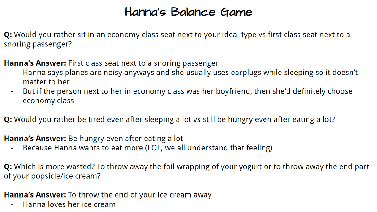 seoinjaes's tweet photo. Get to Know Kang Hanna Better Balance Game💜

[ENG Translations of Hanna's Balance Game from Volume Up 16/4/21]

한나언니 밸런스 게임 영어 자막 🐰

#강한나 https://t.co/AVzHvyrFZY