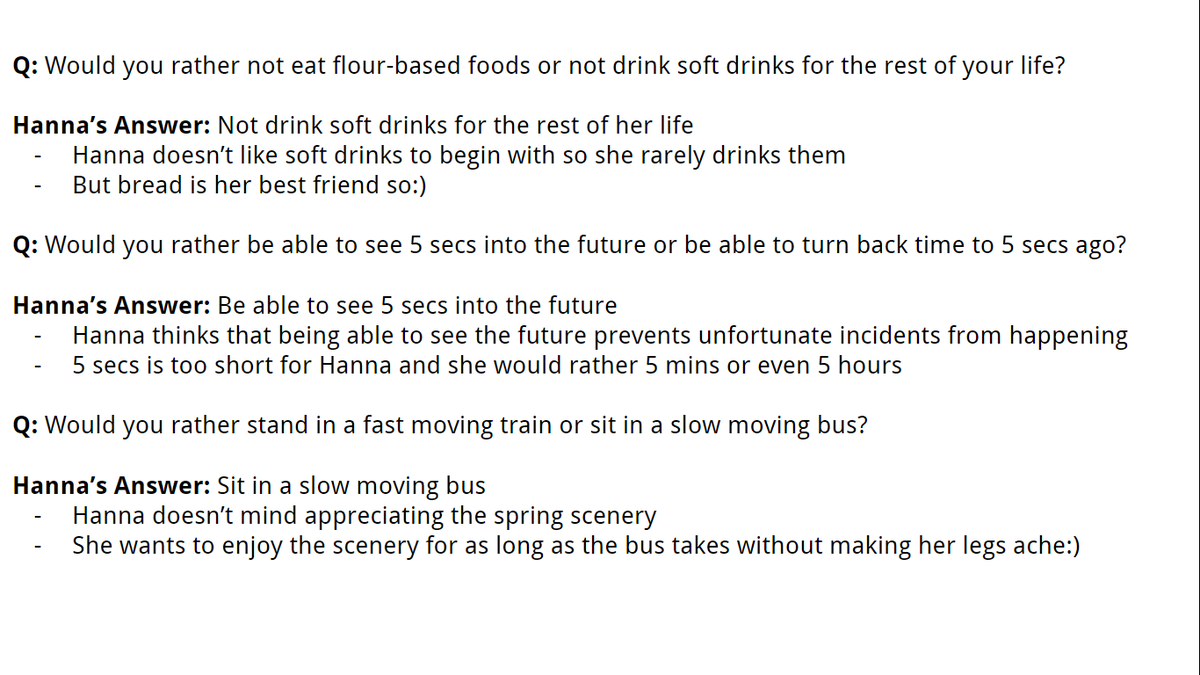 seoinjaes's tweet photo. Get to Know Kang Hanna Better Balance Game💜

[ENG Translations of Hanna's Balance Game from Volume Up 16/4/21]

한나언니 밸런스 게임 영어 자막 🐰

#강한나 https://t.co/AVzHvyrFZY