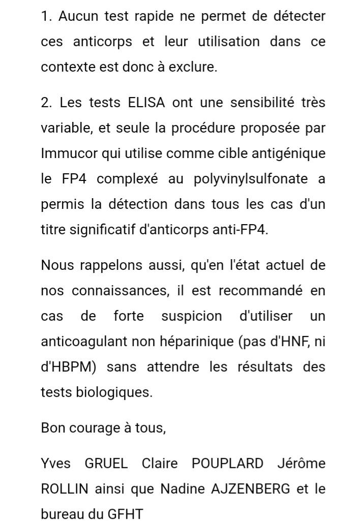 ⚠️Message important sur le diagnostic et la prise en charge des #VITT #VIPIT
#️⃣Thrombopénie + thrombose 5-20 jours post Astra ou J&amp;J
▶️PAS D'HEPARINE NI HBPM⛔
▶️PAS DE TEST RAPIDE⛔
A diffuser largement!!! <a href="/GFHT_Hemostase/">GFHT</a> <a href="/YGruel/">Yves Gruel</a>