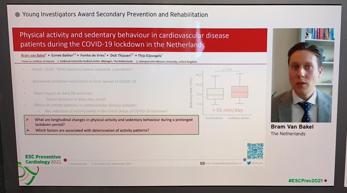 Thijs Eijsvogels (@thijseijsvogels) on Twitter photo How does the COVID-19 lockdown affect habitual physical activity and sedentary time of CVD patients? Excellent presentation by <a href="/BvBakel/">Bram van Bakel</a> at the #ECSprevcardiology YIA session 👇🏻 How does the COVID-19 lockdown affect habitual physical activity and sedentary time of CVD patients? Excellent presentation by <a href="/BvBakel/">Bram van Bakel</a> at the #ECSprevcardiology YIA session 👇🏻