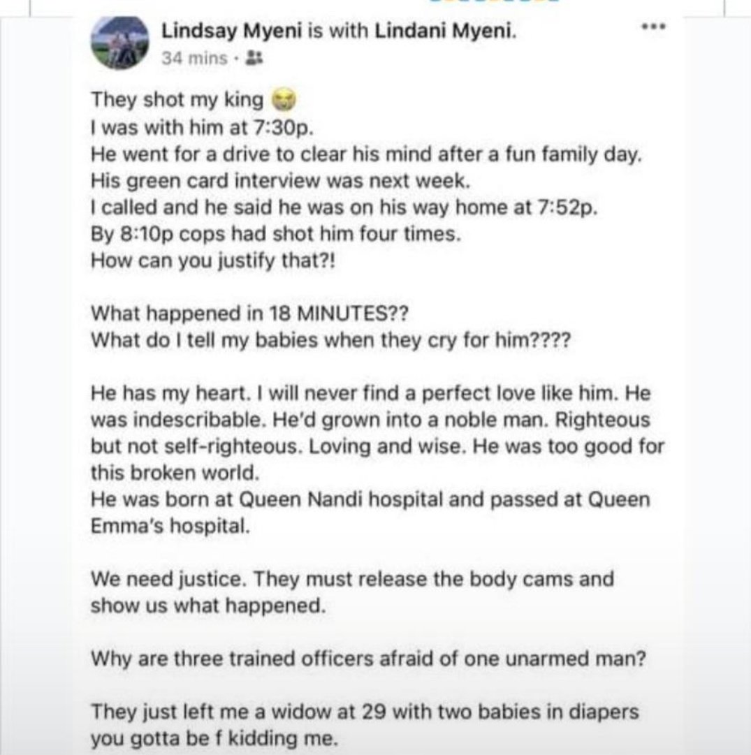Khanyi_Magubane's tweet photo. The South African Government needs to demand answers from the US Government. The bodycam footage from the police is not convincing. Lindani was walking in the street when he was pointed out as a robber. 3 cops, one man. He was not a threat to them. #JusticeForLindaniMyeni https://t.co/ydHX0Fje86