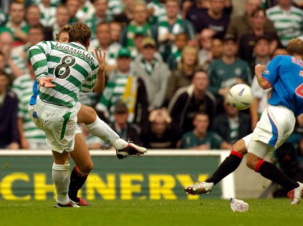 Alan Thompson with a spectacular finish against rangers at Celtic park, Thompson liked a goal against them, he scored seven derby goals in his spell in the hoops