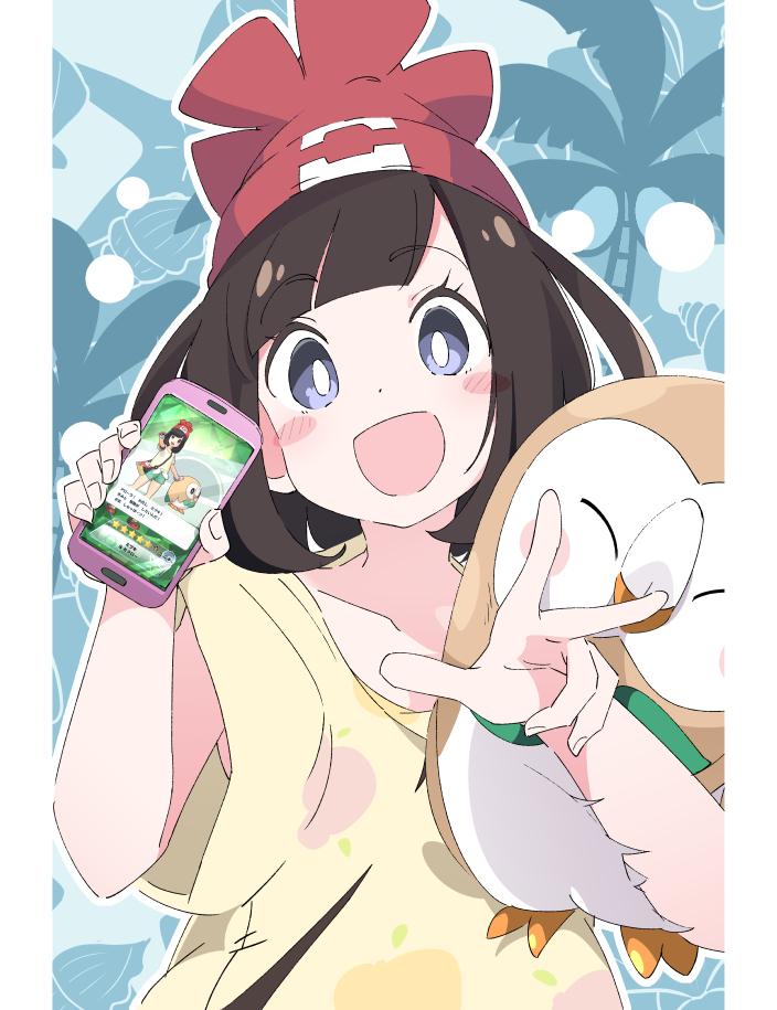 rowlet ,selene (pokemon) bright pupils 1girl white pupils hat open mouth pokemon (creature) short hair  illustration images