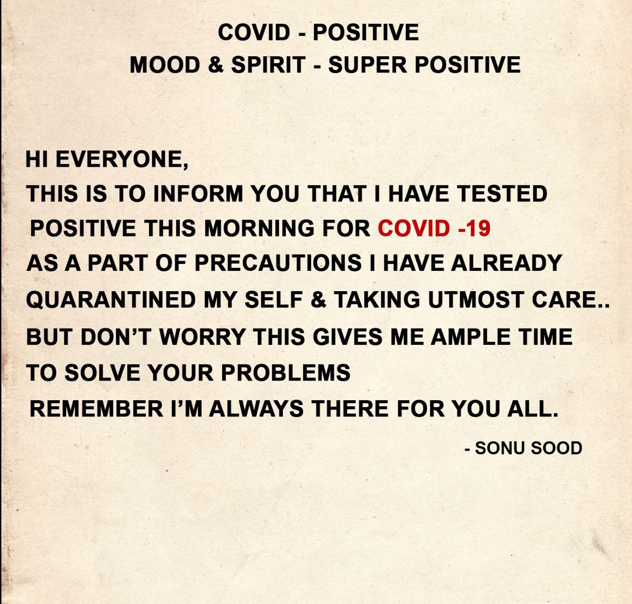 COVID-19: Bollywood actor Sonu Sood, also known as 'messiah', has tested positive for the novel coronavirus on Saturday. 