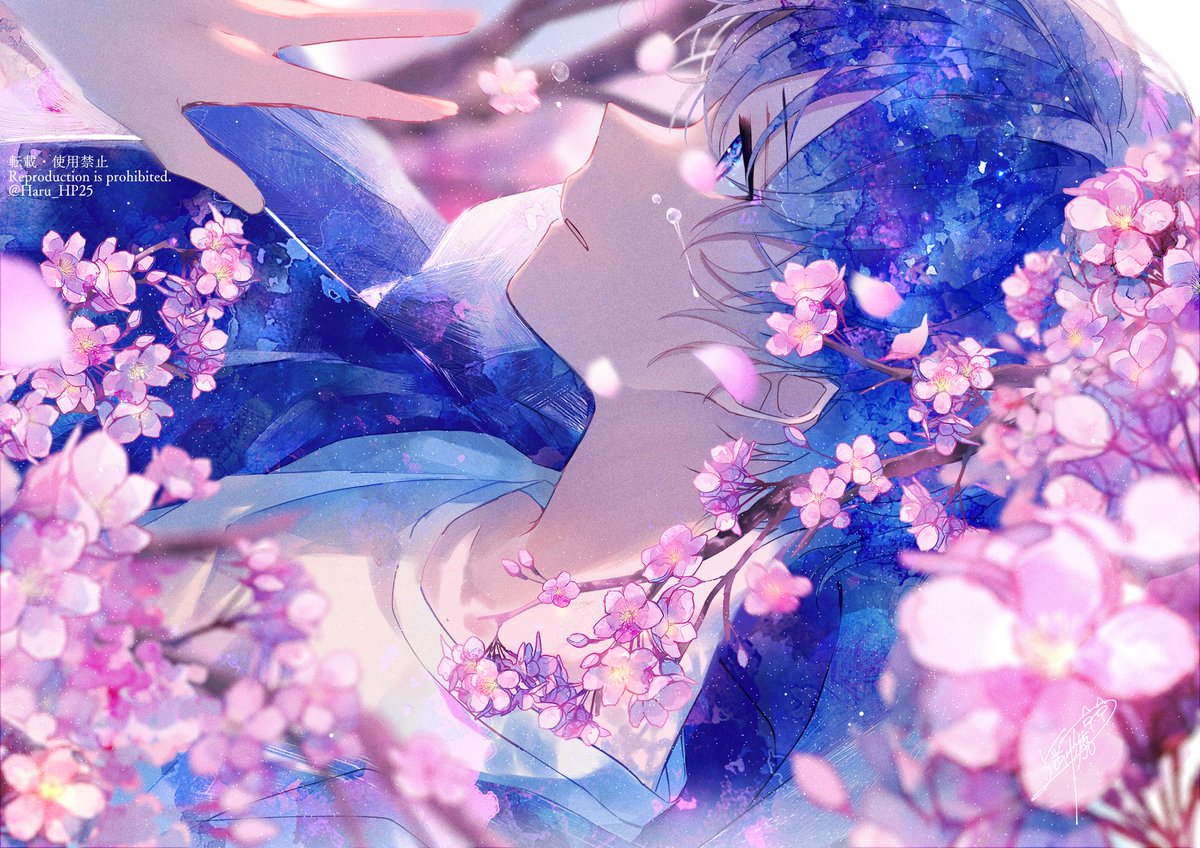 1boy male focus cherry blossoms blue eyes blue hair solo flower  illustration images