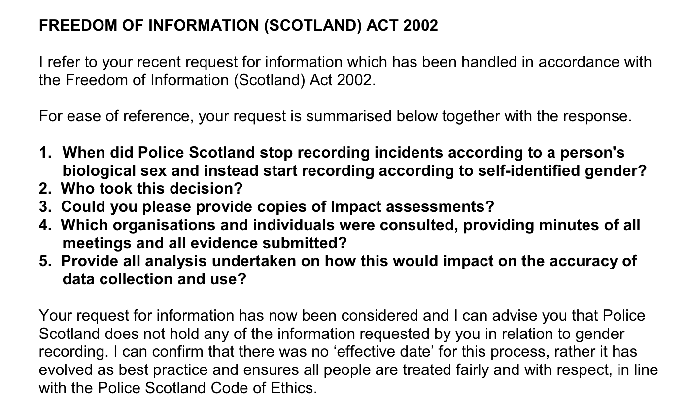 Murrayblackburnmackenzie Police Scotland Was Asked Two Years Ago When And Why They Stopped Recording Incidents According To A Person S Biological Sex And Instead Started Recording According To Self Identified Gender They