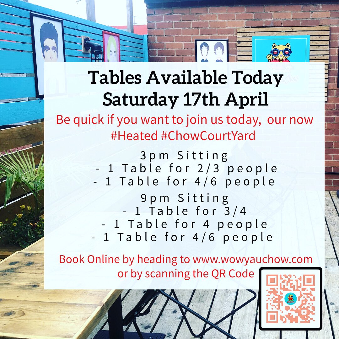 WowYauChow's tweet photo. #TablesAvailable Today Saturday 17th April. Be quick if you want to join us with our now #Heated #ChowCourtYard for some #OutDoor #ChineseComfortFood - click to book now https://t.co/DDHWOy5C37 #Altrincham #Manchester #Cheshire #ChineseFood #VeganChineseFood https://t.co/7RHHmYKfCS