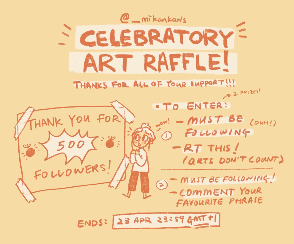 ? your friendly neighbourhood art raffle woo ?

To celebrate 500 followers, I'm hosting an art raffle! 

There will be 2 winners based on different modes of participation (just to make it a little bit more fun wahoo)! 

The raffle ends on 23 April at 23:59 BST ? 