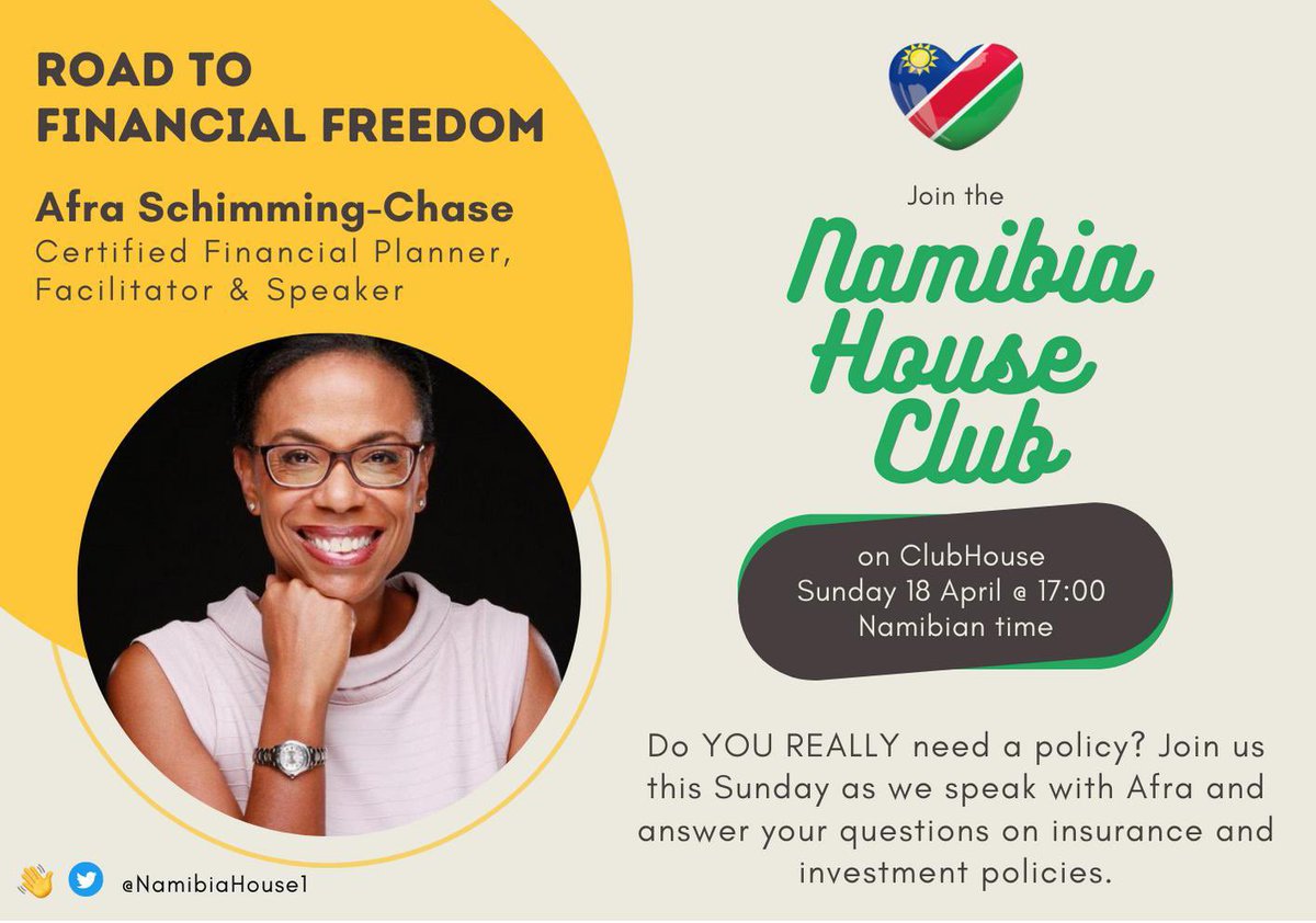 Namibiahouse1's tweet photo. Tomorrow we will be joined by Afra Schimming-Chase, a certified Financial Planner, as we unpack insurance and investment policies.

Do YOU REALLY need a policy? Join us on the Road To Financial Freedom from 17h00 to find out!

Link: https://t.co/OrYSj8p1DL https://t.co/qgrekqrWE6