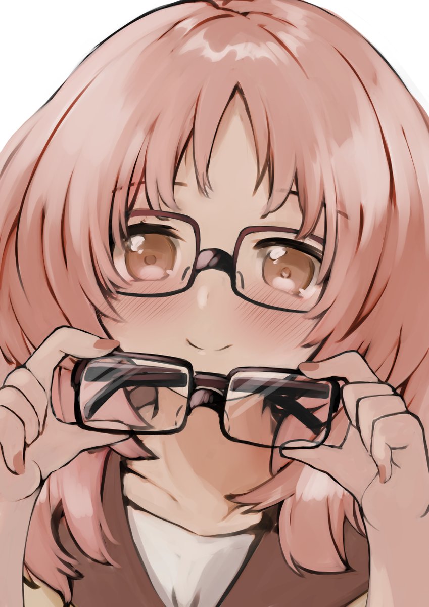 1girl solo glasses holding smile blush white background  illustration images