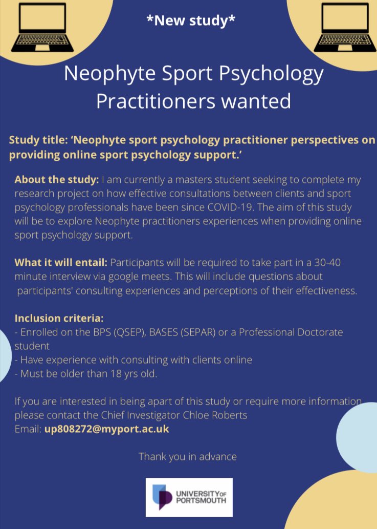 Chloe Roberts (@chloeroberts910) on Twitter photo Hi 👋🏻 I’m looking for participants for my masters project. If you are interested or require any more information please send me a message :) Thank you <a href="/portsmouthuni/">University of Portsmouth</a> <a href="/David_Price93/">David Price</a> <a href="/WestonNeil/">Dr Neil Weston 💙</a> <a href="/thelwellrc/">Prof Richard Thelwell</a> Hi 👋🏻 I’m looking for participants for my masters project. If you are interested or require any more information please send me a message :) Thank you <a href="/portsmouthuni/">University of Portsmouth</a> <a href="/David_Price93/">David Price</a> <a href="/WestonNeil/">Dr Neil Weston 💙</a> <a href="/thelwellrc/">Prof Richard Thelwell</a>