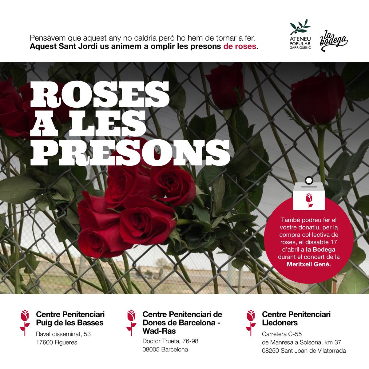 La Bodega de Borges (@labodegaborges) on Twitter photo Avui a la Bodega tindríem a la <a href="/BassaMontse/">Montse Bassa i Coll</a> i la <a href="/dolorsbassac/">Dolors Bassa</a> a presentar el seu llibre amb pròleg de <a href="/ForcadellCarme/">Carme Forcadell Lluís</a> , una vegada més la #injustíciaespanyola no ho ha permés.
Pensàvem que no caldria fer-ho, però un altre #santjordi enviant #rosesalespresons. Ens hi ajudes? Avui a la Bodega tindríem a la <a href="/BassaMontse/">Montse Bassa i Coll</a> i la <a href="/dolorsbassac/">Dolors Bassa</a> a presentar el seu llibre amb pròleg de <a href="/ForcadellCarme/">Carme Forcadell Lluís</a> , una vegada més la #injustíciaespanyola no ho ha permés.
Pensàvem que no caldria fer-ho, però un altre #santjordi enviant #rosesalespresons. Ens hi ajudes?