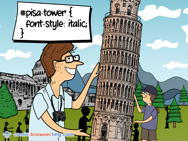 of_programming's tweet photo. Pisa CSS pun #pisa-tower { font-style: italic; } #css #csspun #comic #comics #joke #jokes https://t.co/g7mRL5BGQd