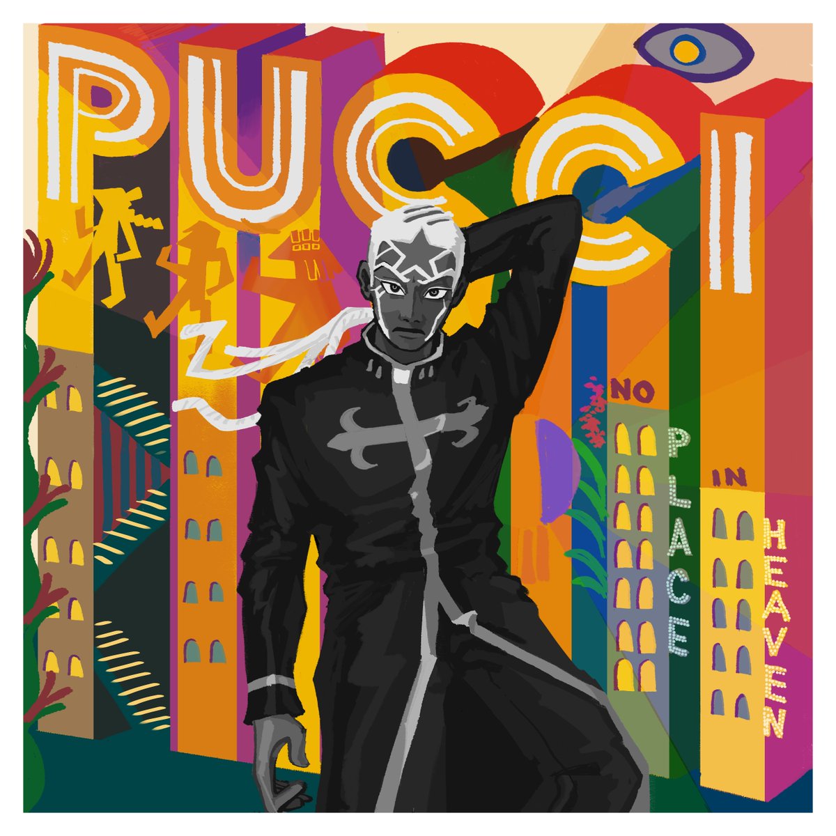 HAPPY JOJO PART 6!!! here's my entry for <a href="/NTWICB_Zine/">❤️🧡💛 Now That's What I Call Bizarre</a> ... 2! enrico pucci as MIKA's album "no place in heaven"! 

#JoJosBizarreAdventure #stoneocean
