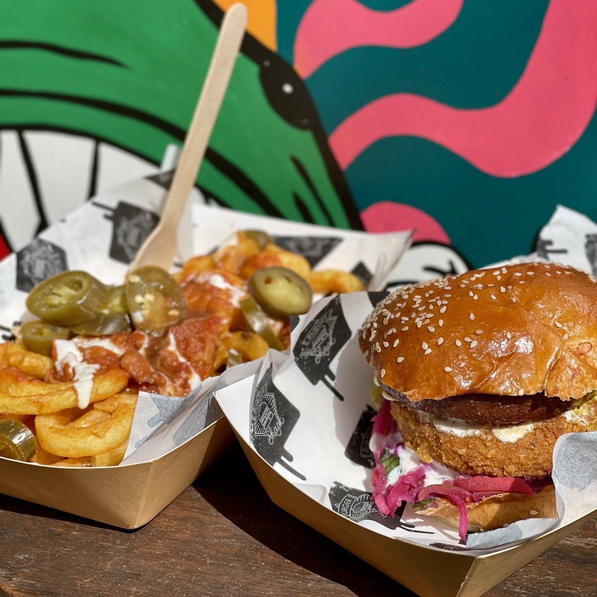 WindmillClapham's tweet photo. Who’s coming for Burger Shack today? Check out our CHKN Katsu Burger, our plant based classic, jackfruit loaded fries all delicious and all 100% #Vegan
#ReturnOfTheShack #MyBSLife https://t.co/8AMqpC8H0Z