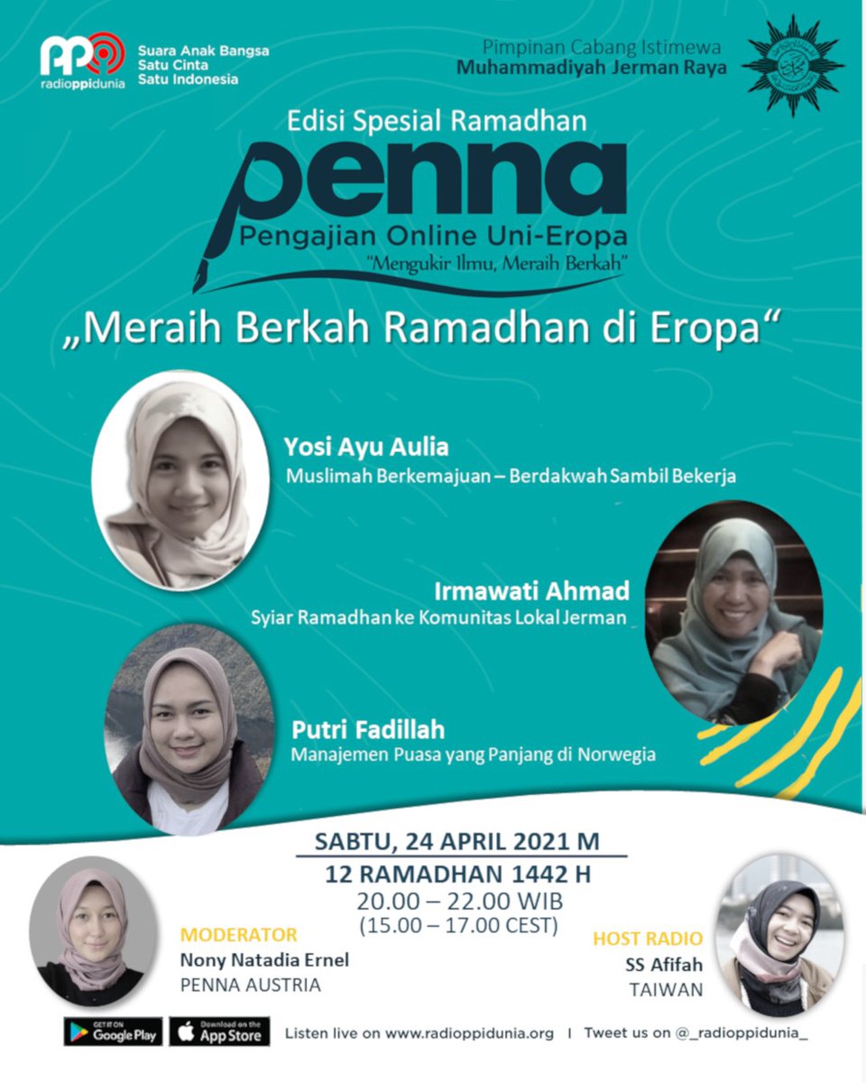 Assalamu’alaikum wr. wb. Sahabat PENNA di seluruh dunia. 

Kali ini di tengah gempita ibadah puasa Ramadhan 1442 H, PENNA berkesempatan menghadirkan topik bahasan Meraih Berkah Ramadhan di Eropa.

Wassalamu'alaikum wr. wb.