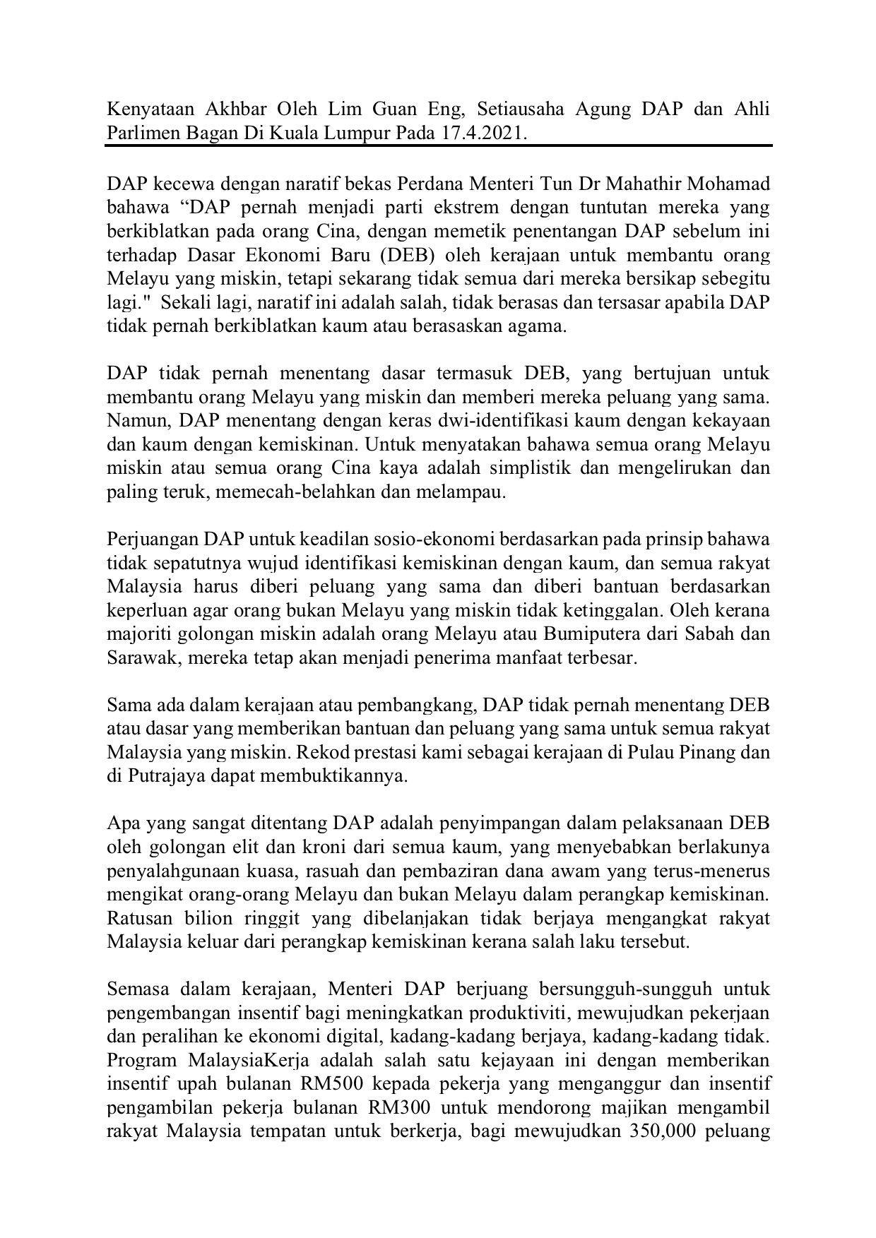 Lim Guan Eng On Twitter Dap Kecewa Dengan Naratif Bekas Perdana Menteri Tun Dr Mahathir Mohamad Naratif Ini Adalah Salah Tidak Berasas Dan Tersasar Apabila Dap Tidak Pernah Berkiblatkan Kaum Atau Berasaskan